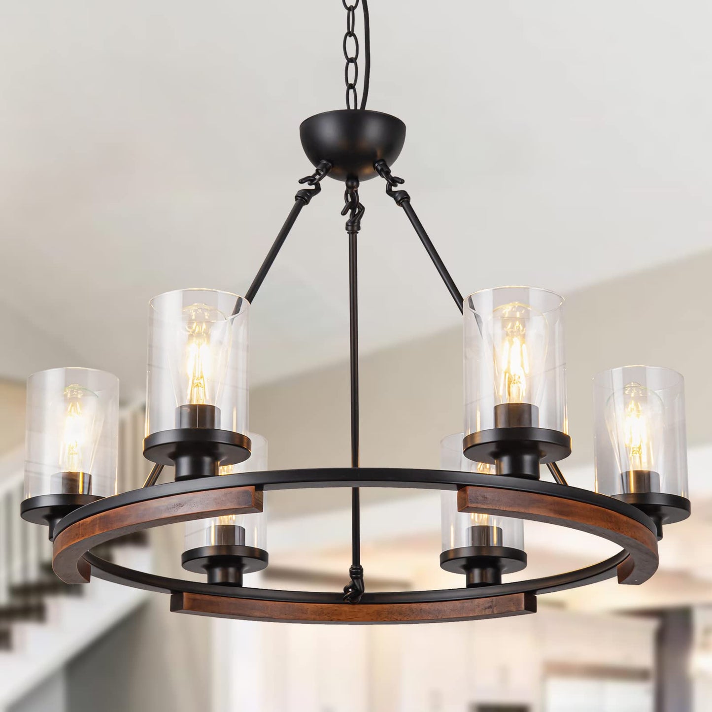 NSRCE 28-Inch Wagon Wheel Chandelier, 6-Light Farmhouse Dining Room Light Fixture Over Table, Round Matte Black Rustic Wood Ceiling Hanging Pendant Light with Clear Glass Shade