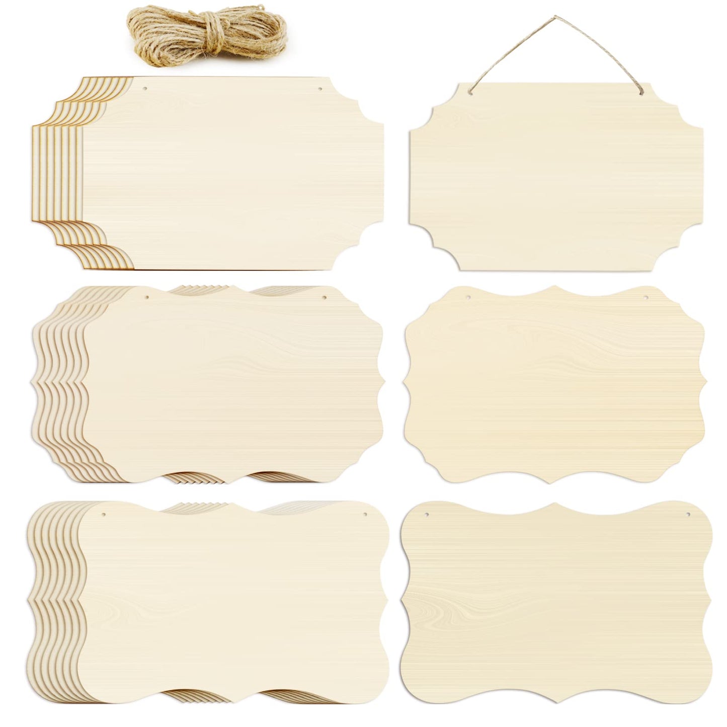 FSWCCK 24 Pieces Unfinished Hanging Wood Sign Blank with Ropes, Rectangle Blank Wood Sign Plain Hanging Craft Door Signs Wall Art Farmhouse Wooden Sign for Door Wall Art Decoration (3 Style)