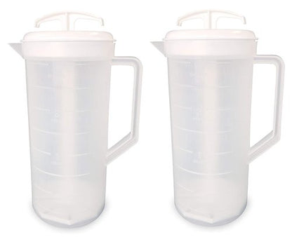 JBK Pottery 2-Quart White Mixing Pitcher with Plunger – BPA-Free Plastic Jug for Juice, Milk, Tea, Shakes, and More – Dishwasher-Safe, Spill-Proof Lid, Smart Stirring Design, 2 Pack