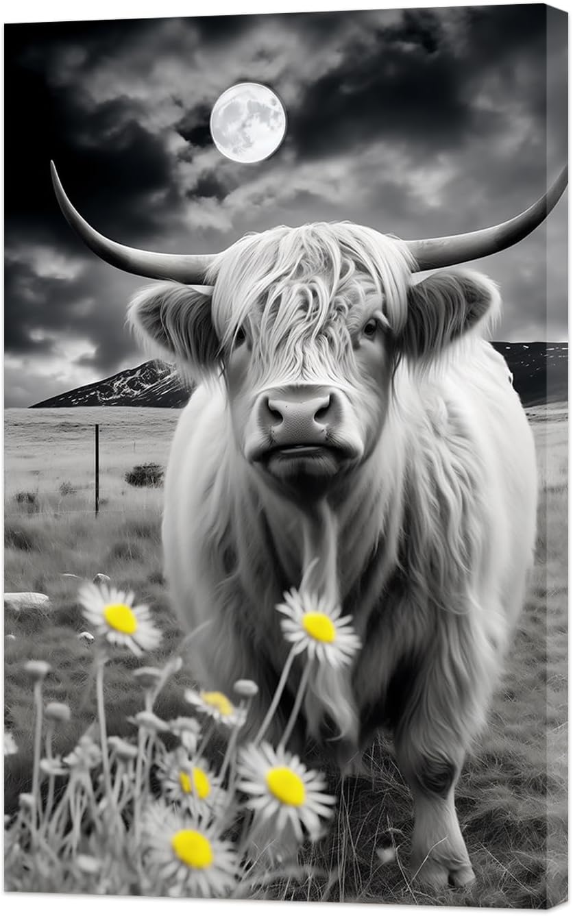 ZXHYWYM Highland Cow Canvas Wall Art, Black and White Cattle and Full Moon Pictures for Home Decor Framed 12" x 18"