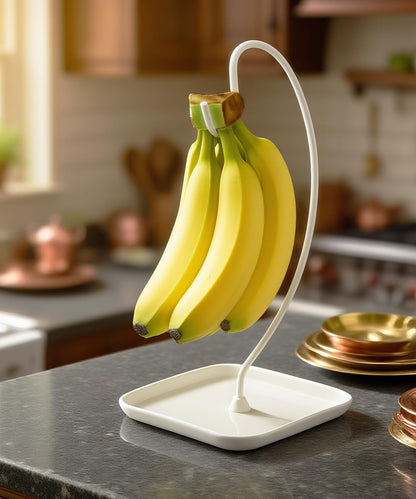 VROOMIUM Banana Holder Stand with Ceramic Bowl - Holds Up to 5 Pounds Bananas, Hassle-free Cleaning, Stylish and Chic Design Banana Rack, White
