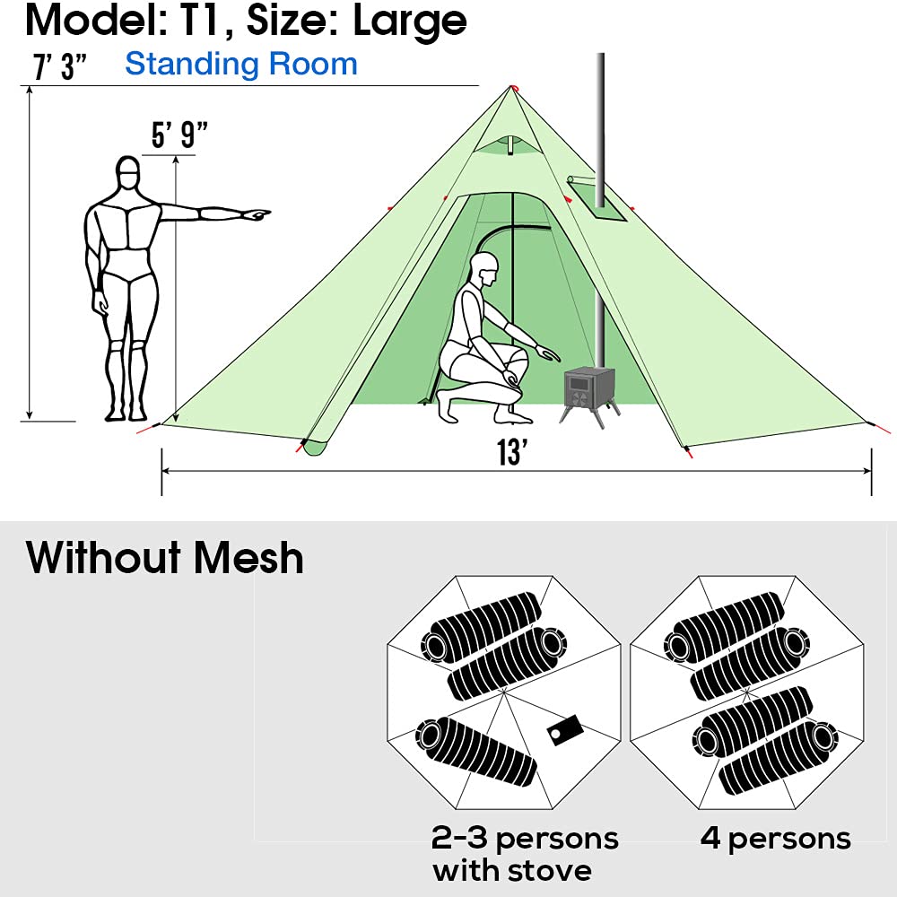 4 Persons 5lb Lightweight Tipi Hot Tents with Stove Jack, 7'3" Standing Room, Teepee Tent for Hunting Family Team Backpacking Camping Hiking (Olive Drab)