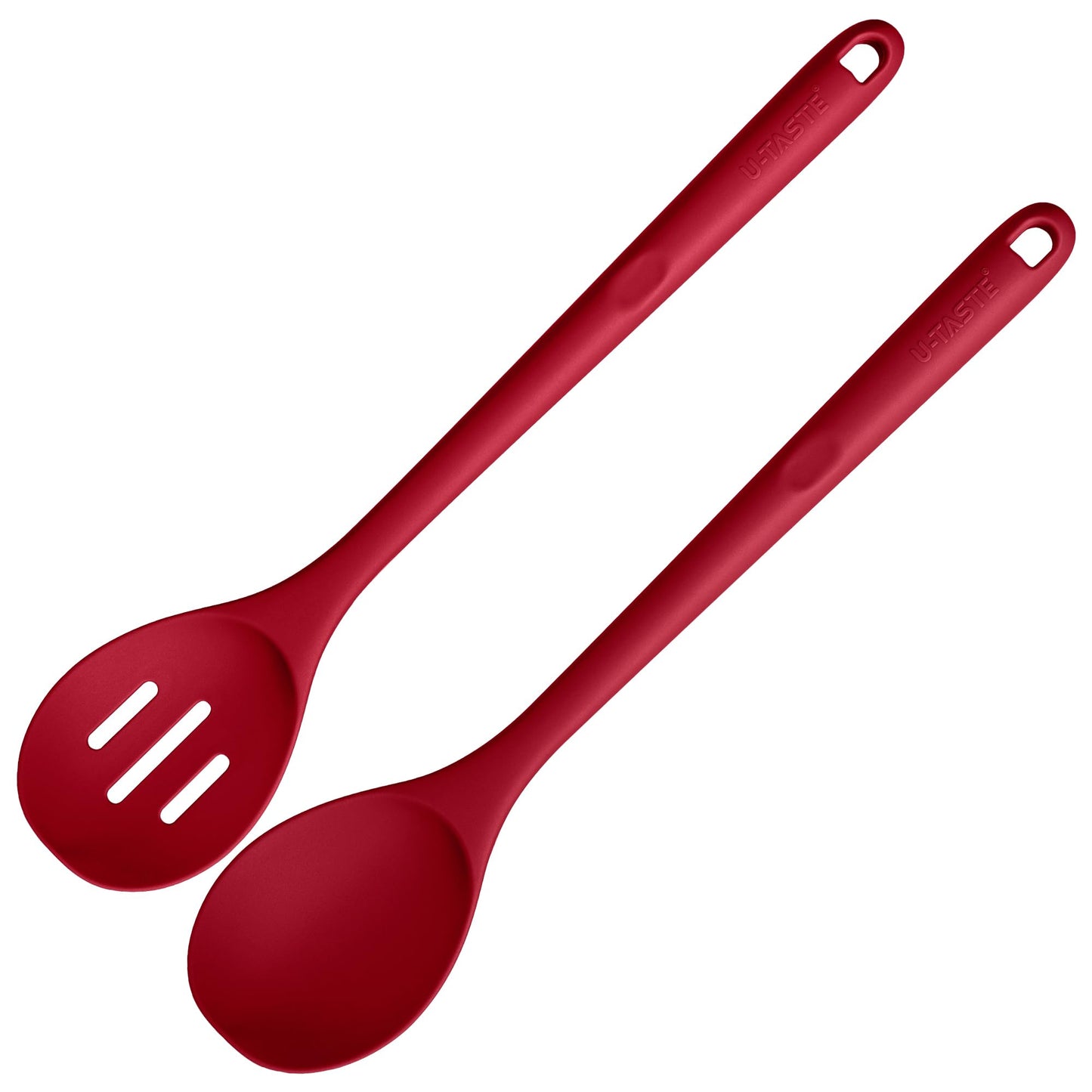 600ºF Heat Resistant Silicone Spoons: U-Taste 13.3in Solid & Slotted Kitchen Cooking Spoon, Nonstick Long Rubber Utensil, Sturdy for Mixing, Serving, Stirring, Frying, Draining (Red, 2PCS)