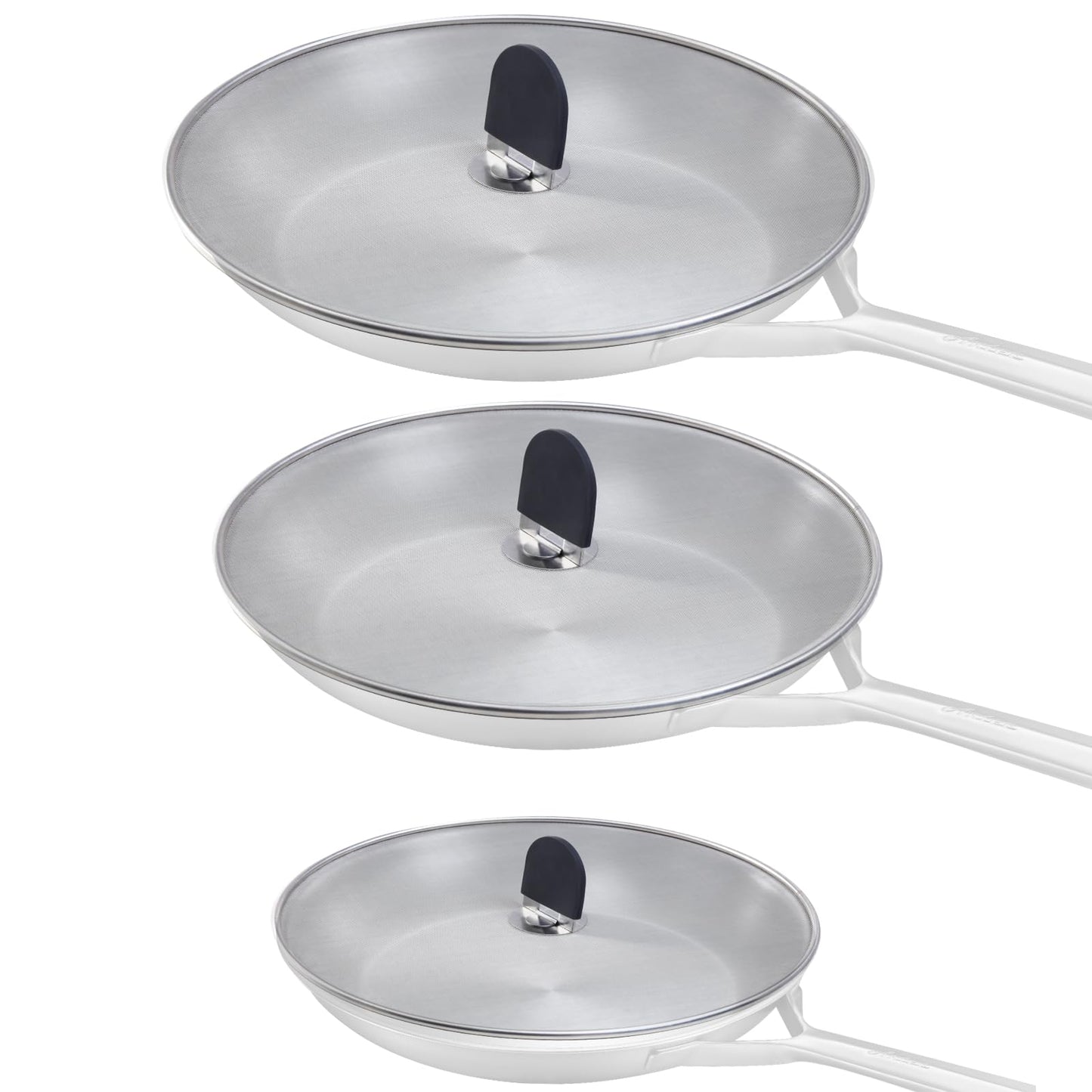 Snowyee Grease Splatter Guard, 3PCS Splatter Screen with Silicone Heat Resistant Handle and Stainless Steel Fine Mesh Design for Safe Indoor and Outdoor Cooking (13/11.5/10 inch and 33/29/25cm)