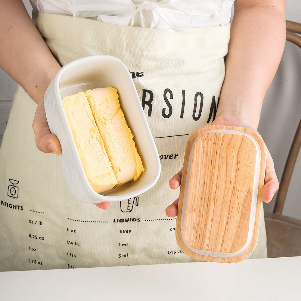 KOOV Porcelain Large Butter Dish with Lid, Airtight Butter Container with Oak Lid, Perfect for 2 Sticks, Texture Series (White)