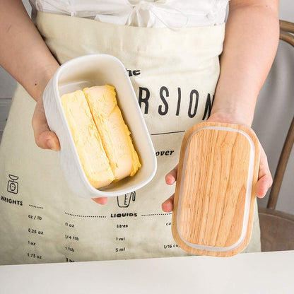 KOOV Porcelain Large Butter Dish with Lid, Airtight Butter Container with Oak Lid, Perfect for 2 Sticks, Texture Series (White)