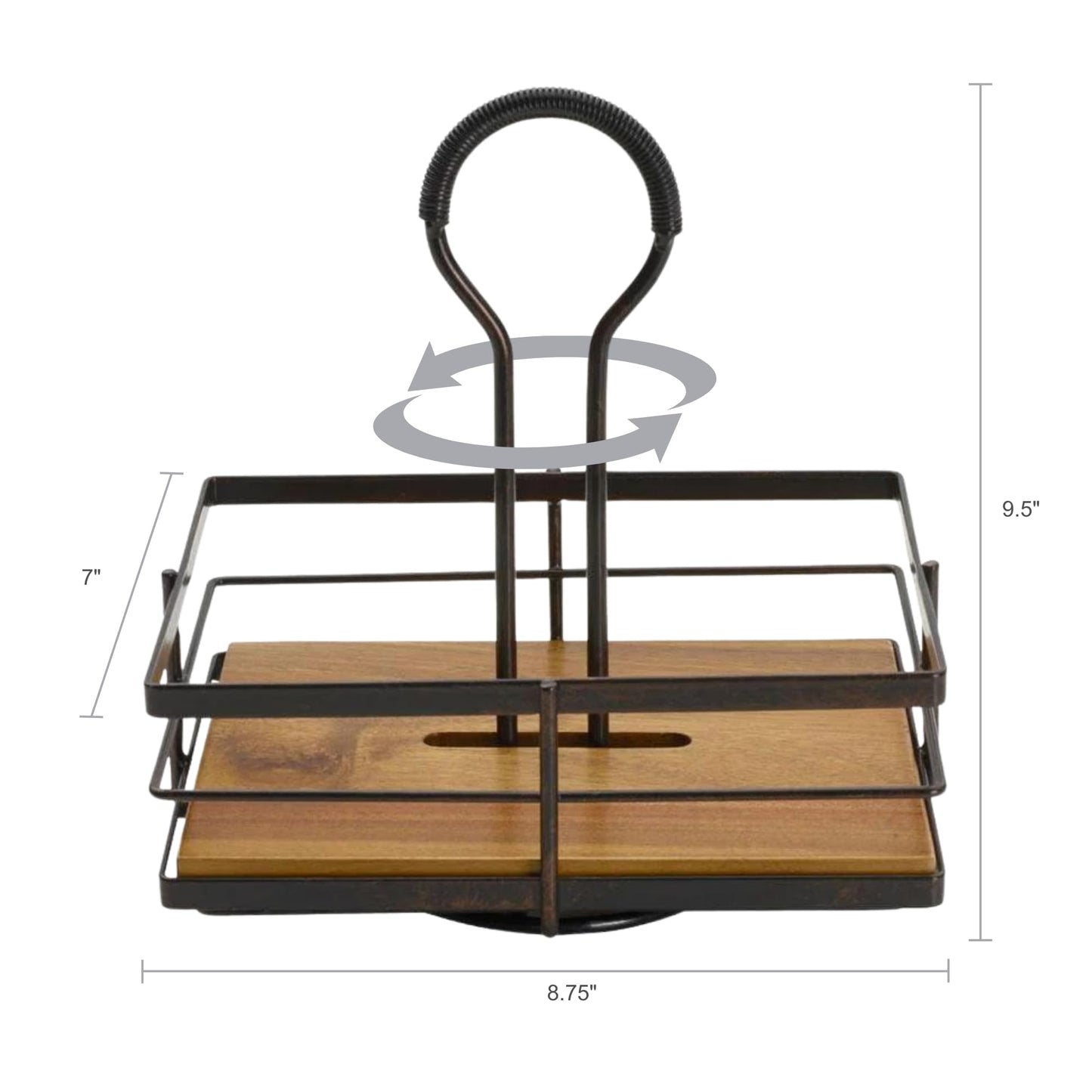 Gourmet Basics by Mikasa Nova Rotating Condiment Caddy, Handcrafted Iron and Acacia Wood Table Organizer with Spinning Platform and Carrying Handle, Contemporary Black Finish, 8.75 x 7 x 9.25 Inches