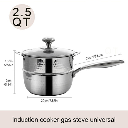 2.5 QT Tri-Ply Stainless Steel Hammered Saucepan with Steamer visible Lid and Pour Spout Japanese Milk Pot for Cooking Milk Noodle Pasta Soup Vegetable Induction Compatible Dishwasher Safe