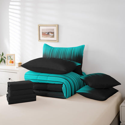 Set 7 Set Feelyou Abstract Ombre Comforter with Sheets Kids Teens Teal and Black Girls Piece Bedding Room Decor Fashion