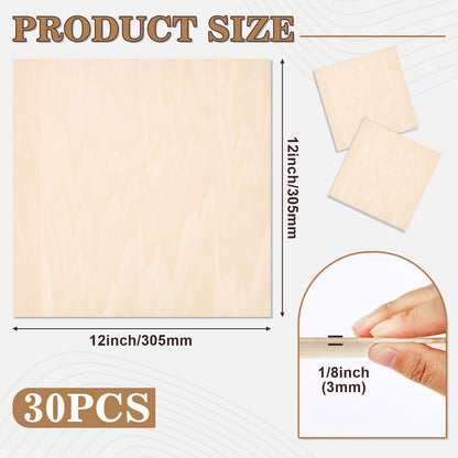 MITINU 30 Pack Basswood Sheets for Crafts,12"x12"x1/8" 3mm Thick Plywood Sheets with Smooth Surfaces-Unfinished Squares Wood Boards for Laser Cutting, Wood Burning, Architectural Models, Staining