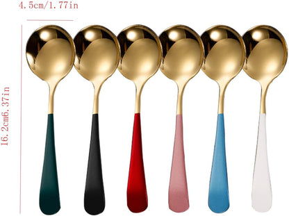 Stainless Steel Soup Spoons Set of 6 - Modern Round Head Spoons for Soup, Grain, Dessert, Milk Tea