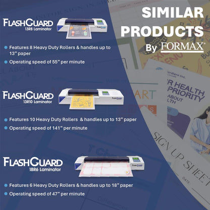 Formax FlashGuard 13R6 Laminator; 1500W; 110-120V, 50/60Hz; 15A; Heavy-Duty 6 Roller System; All-Metal Construction; Graphics-Based LCD Screen; Variable Temperature and Speed