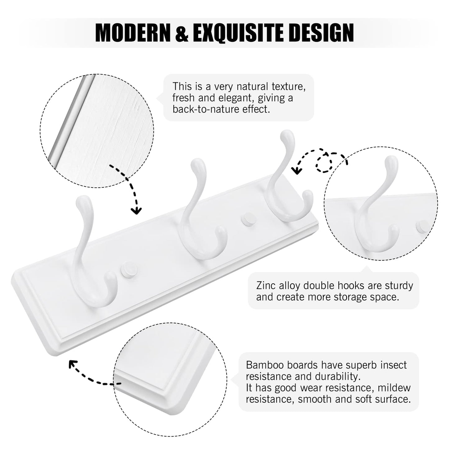 Badiano Wooden Coat Rack, Wall-Mounted Organizer for Closet, Entryway, Hallway, Foyer, Bedroom, Heavy Duty Double Hooks for Hanging Towels, Bags, Hats, Jackets, Key (White, 3 Hooks)