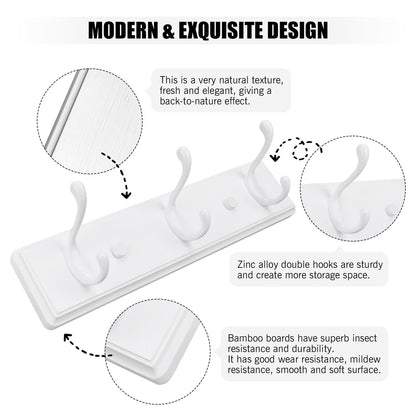 Badiano Wooden Coat Rack, Wall-Mounted Organizer for Closet, Entryway, Hallway, Foyer, Bedroom, Heavy Duty Double Hooks for Hanging Towels, Bags, Hats, Jackets, Key (White, 3 Hooks)