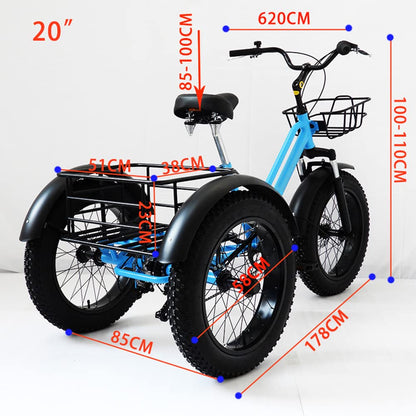 Adults Tricycle 7 Speed Fat Tyre Off Road Trike with Cargo Basket - City Mountain Bicycle for Leisure Cycling Seniors, Farm and Fruit Picking