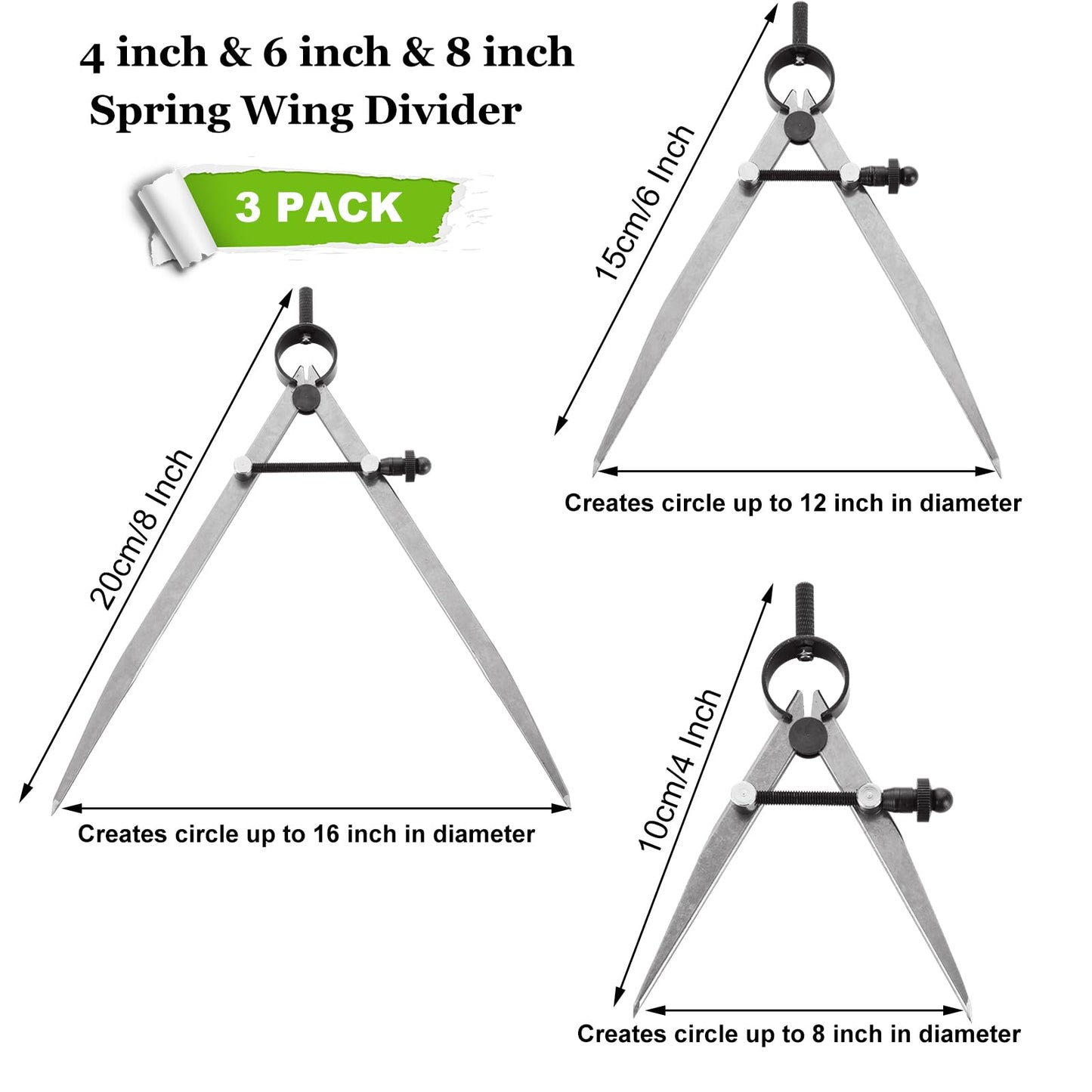 LDHHYH 3 Pack Adjustable Spring Wing Divider, 4/6/8 Inch Steel Lockable Divider Wing Compass, Precision Compass Geometry Tool for Drawing Drafting Woodworking Leather Craft
