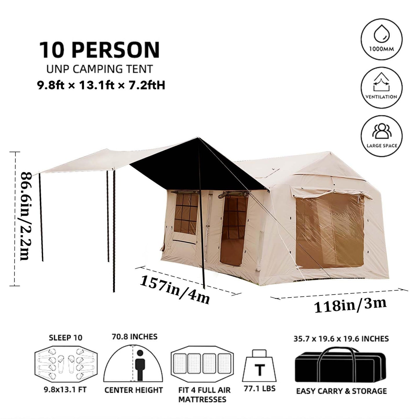 13'x10' Inflatable Camping Tents with Blackout Canopy, Large Inflatable Tent 10-12 Person, 4 Season Blow up Tents for Camping with Stove Jack, Waterproof Inflatable Hot Tent for Camping Outdoors