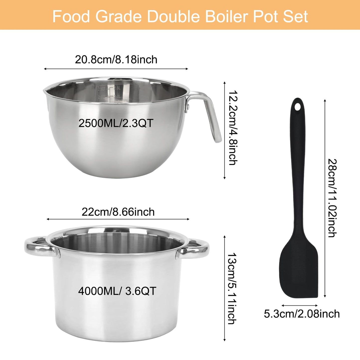 3PCS Double Boiler Pot Set, 2500ML/2.3QT Mixing Bowl with Scale 4000ML/ 3.6QT Stainless Steel Heating Pot with Silicone Spatula for Cheese Chocolate Candy Candle Soap Wax Melting (2500ml+4000ml)