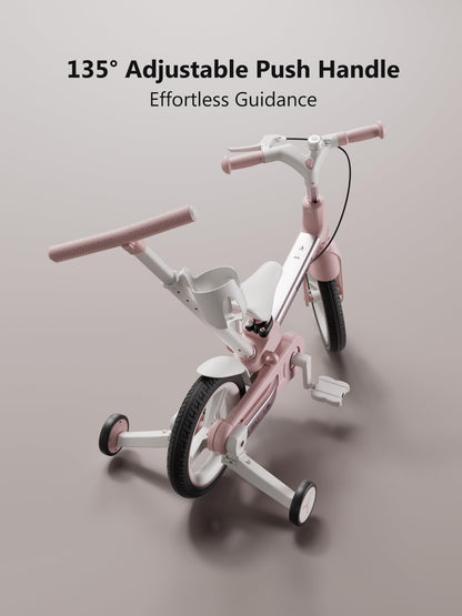 lecoco Upgraded Toddler Bike with Push Handle 6 in 1 for Kids, Balance Bicycle Toys with Training Wheels, Brackes, Cup Holder, Pedal, Kickstand Birthday Gift for Boys and Girls