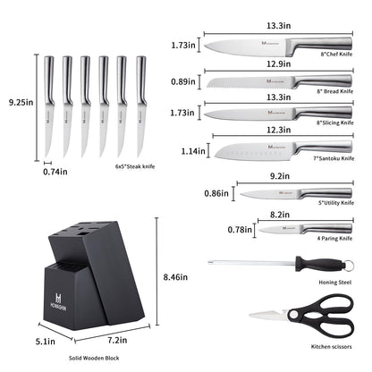 Knife Set with Block – Howashin Stainless Steel Kitchen Knife Set, Sharp Blade Set with Sharpening Steel– 15 Pcs Chef Knife Set