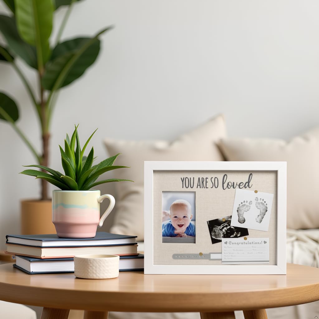 Kate & Milo You Are So Loved Collage Frame, Newborn Keepsake Box, Baby Memento, Nursery Decor, Handprint and Footprint Ink Pad Included, Linen Mat, White