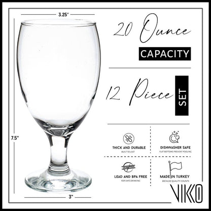 Vikko Classic Goblet Party Glasses, 20 Ounce Iced Tea and Water Goblets, Set of 12, Dishwasher Safe Durable Glassware