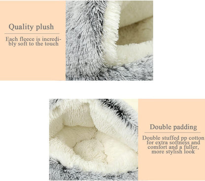 SUOXU Calming Cat Bed Small Dog Bed,Warm Cosy Soft Plush Winter Indoor Cat Cave Bed,Anti Slip Bottom Machine Washable Anti-Anxiety Hooded Pet Bed Sofa Bed for Puppy/Small Medium Large Cats(under 10kg)