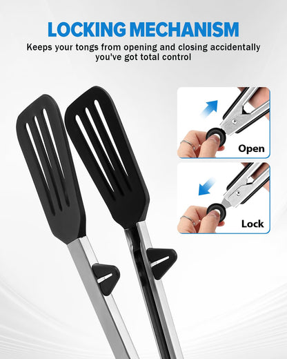 Kitchen Tongs for Cooking, Non Scratch Silicone Tip for Nonstick Cooking Pans, Food Grade Mini Serving Tongs, Pull Lock, Set of 3, Black (BLack, 12 inch)