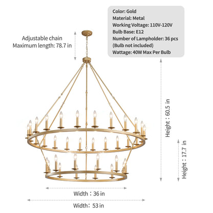 QJMPP Gold Wagon Wheel Chandelier 2 Tier 53-Inch 36-Light,Extra Large Circle Rustic Farmhouse Light Fixture,Round Metal Chandeliers for Foyer Entryway Dining Room Living Room High Ceilings