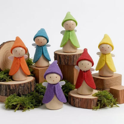 Sing2sky 6 Pcs Wooden Elf Figures, Miniature Dollhouse Accessories for Kids Ages 3+, Cute Wood Gnome Peg Dolls for Small Fairy Garden Decor