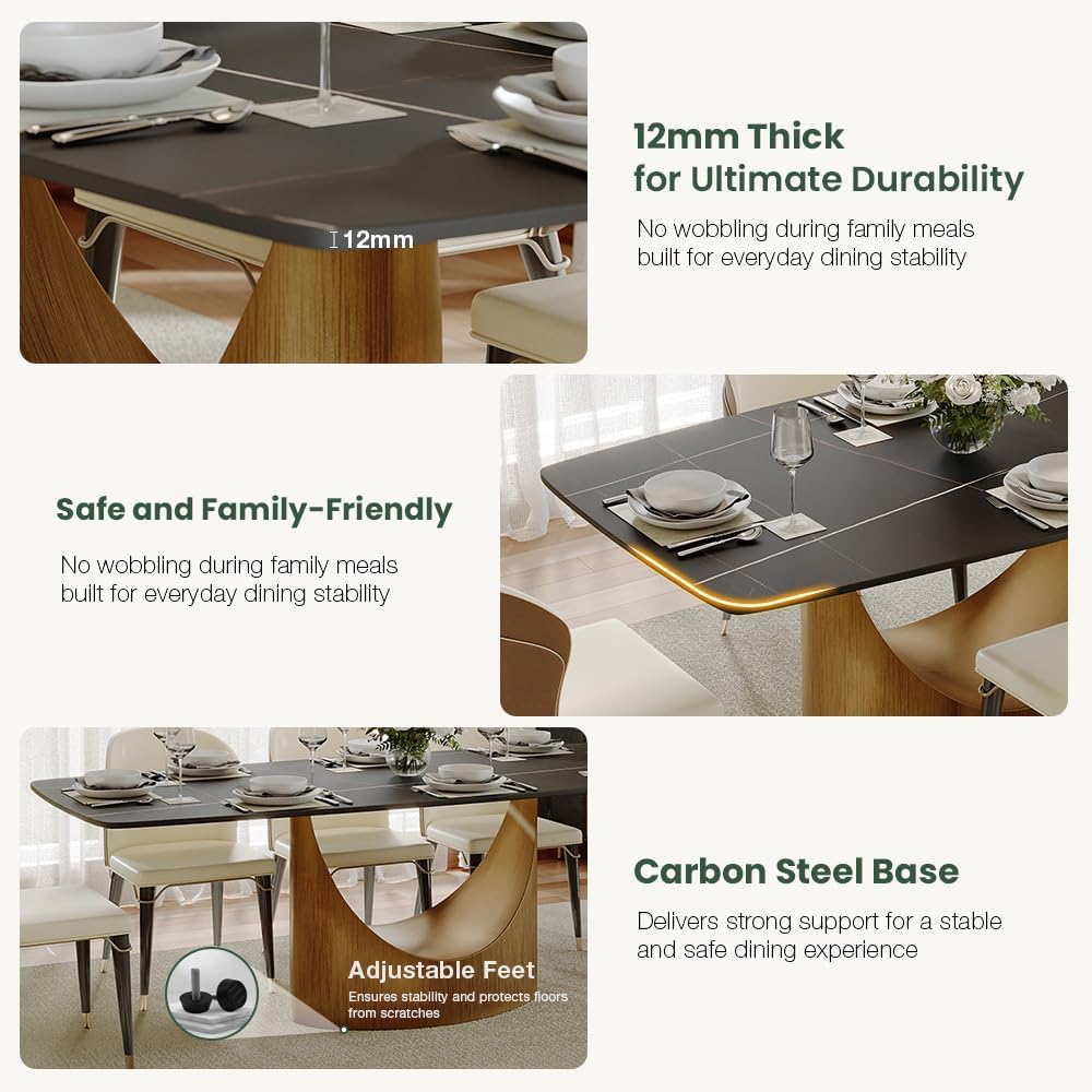 POVISON 71" Modern Dining Table for 6, Matte Black Heavy-Duty Dining Table, Sintered Stone Dining Tabletop with Bronze Carbon Steel Pedestal, 71 inch Rectangle Dining Room Table (Table Only)