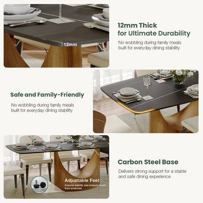 POVISON 71" Modern Dining Table for 6, Matte Black Heavy-Duty Dining Table, Sintered Stone Dining Tabletop with Bronze Carbon Steel Pedestal, 71 inch Rectangle Dining Room Table (Table Only)