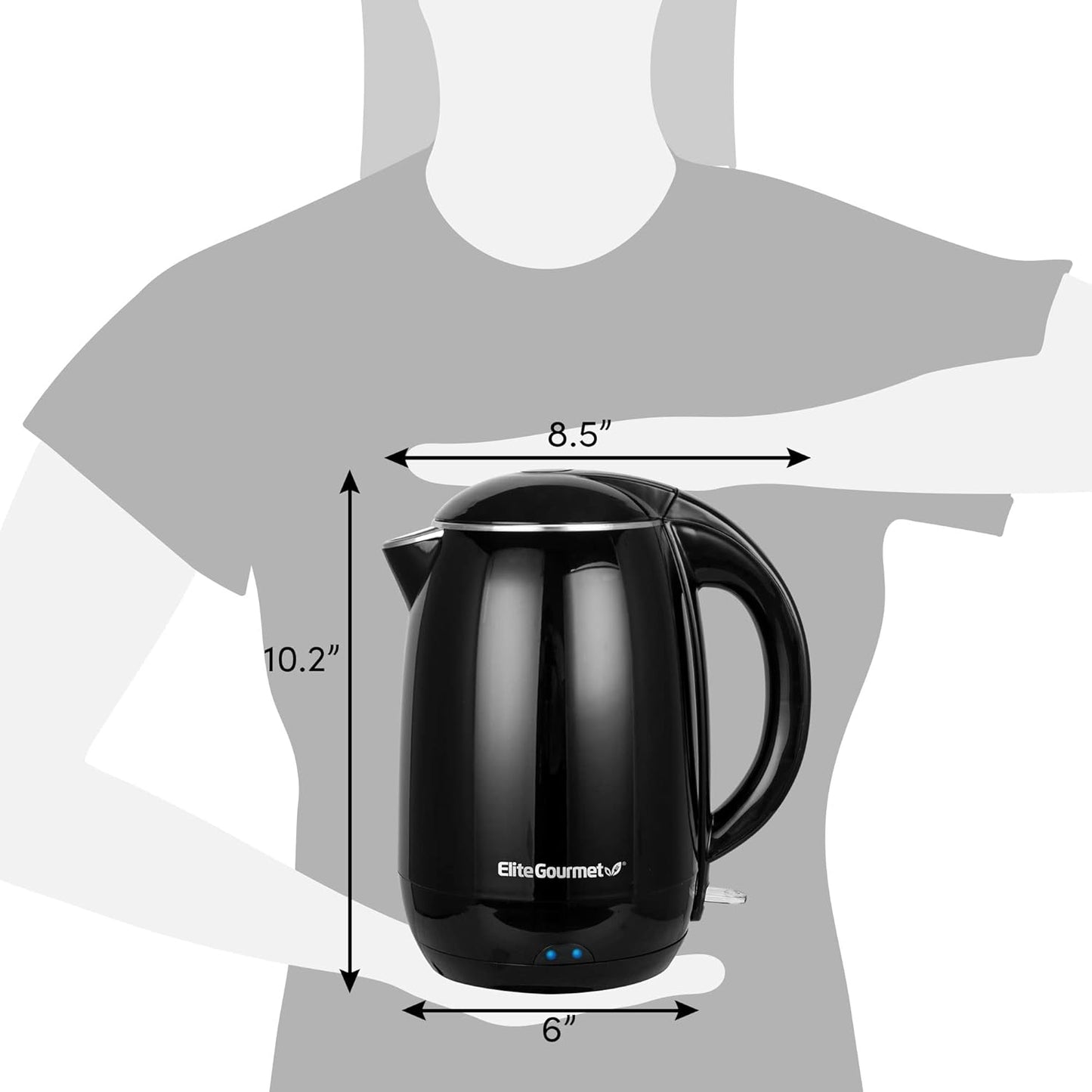Elite Gourmet EKT1821 1.8L Double Wall Insulated Kettle, 1500W with Stainless Steel Interior, Auto Shut-Off, Black