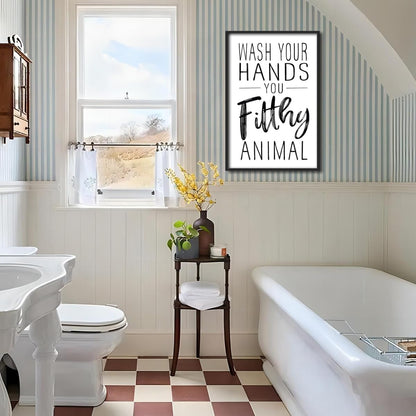 Skiennix Framed Black And White Bathroom Wall Art - Funny "Wash Your Hands" Poster | Modern Minimalist Canvas Print