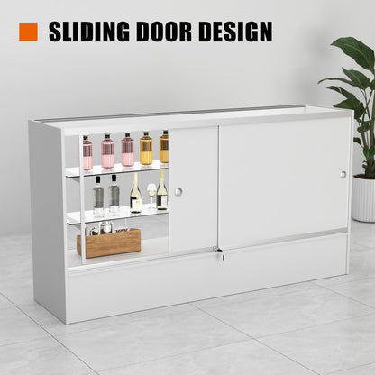 HUZJIEHUI 36" W x 18" D x 38" H - Retail Display Cabinet, White Wooden Full View Glass Display Cabinet with LED Lights and Glass Shelves