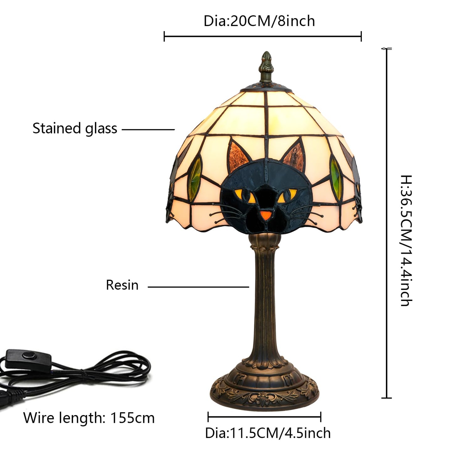 Tiffany Style Black Cat Stained Glass Table Lamp Cute Small Quirky Table Lamp Bedroom Bedside lamp Living Room Dining Room Office Decoration Desk lamp Home Decoration Creative Gift Scene Props