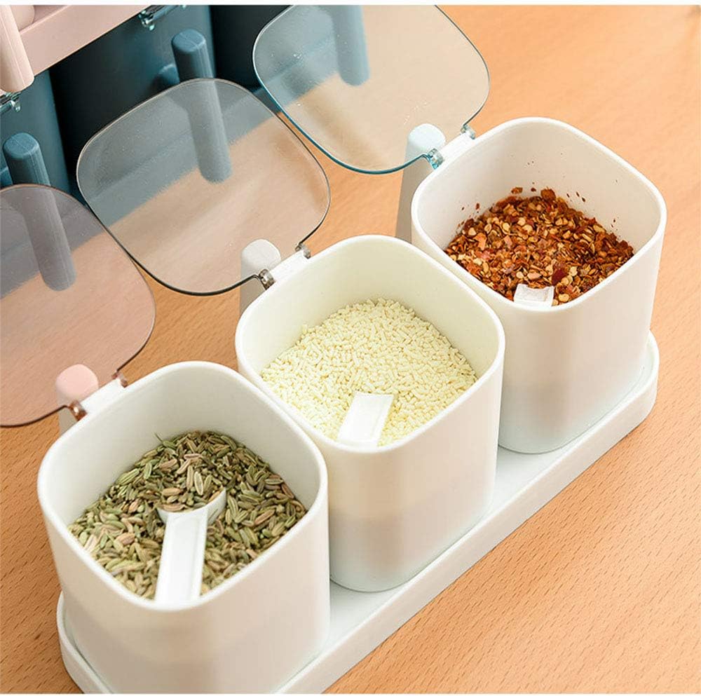 Kitchen Seasoning Box Spice Jar Set, Container with Cover and Serving Spoon for Kitchen Storage, White, 3