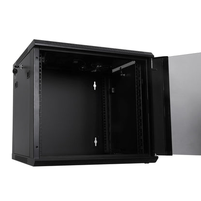 RackPath 9U Wall Mount Network Rack Cabinet – Quiet Cooling Fan, Locking Glass Door, 17.7" Deep (450mm), Removable Locking Side Panels, Fits 19" IT & A/V Equipment