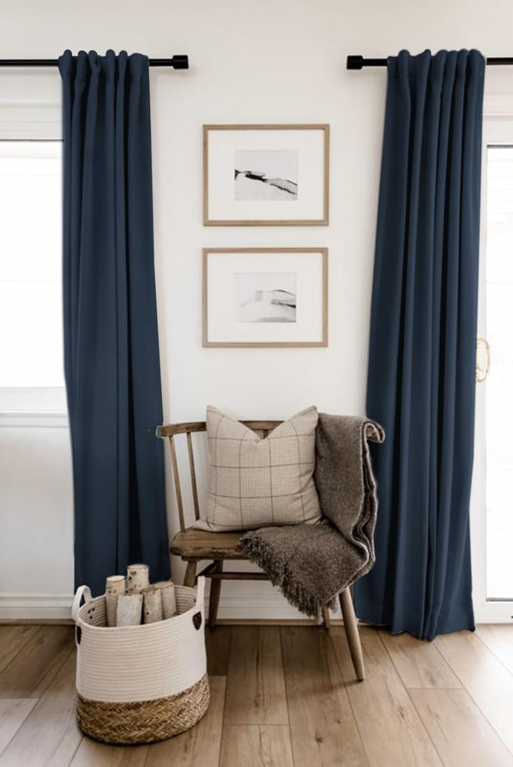 Skiennix 100% Blackout Linen Curtains - Thermal Insulated Drapes for Bedroom | 84" Long, Navy, 2 Panels Set
