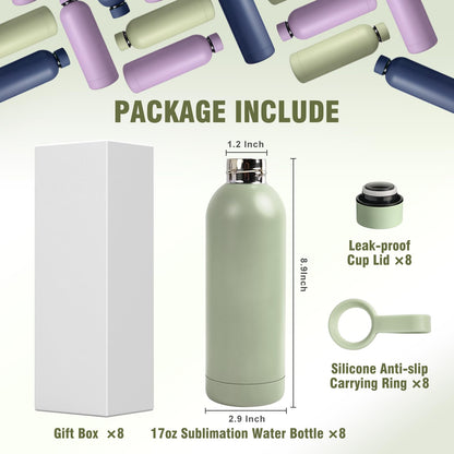 PlanetFlame Sublimation Blanks, 8 Pack 17 oz Tumblers Double-wall Insulated Stainless Steel Water Bottle Sublimation with Silicone Ring Coffee Cups, Matte LightGreen