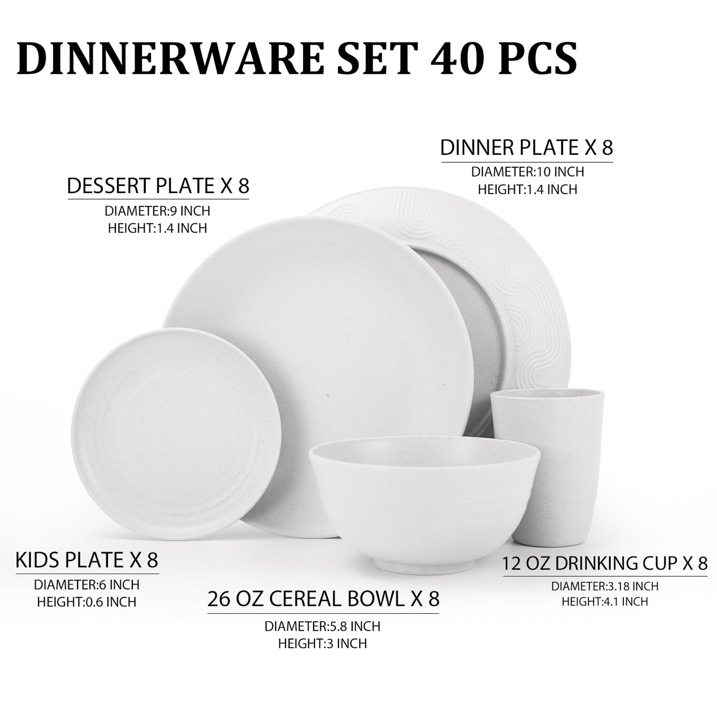 Wheat Straw Dinnerware Set 40-Piece Service for 8 Unbreakable Dishes Set Plates and Bowls Sets Drinking Glasses Microwave Safe Dish Set Lightweight Dinnerware Set for Home & Kitchen - Yellow