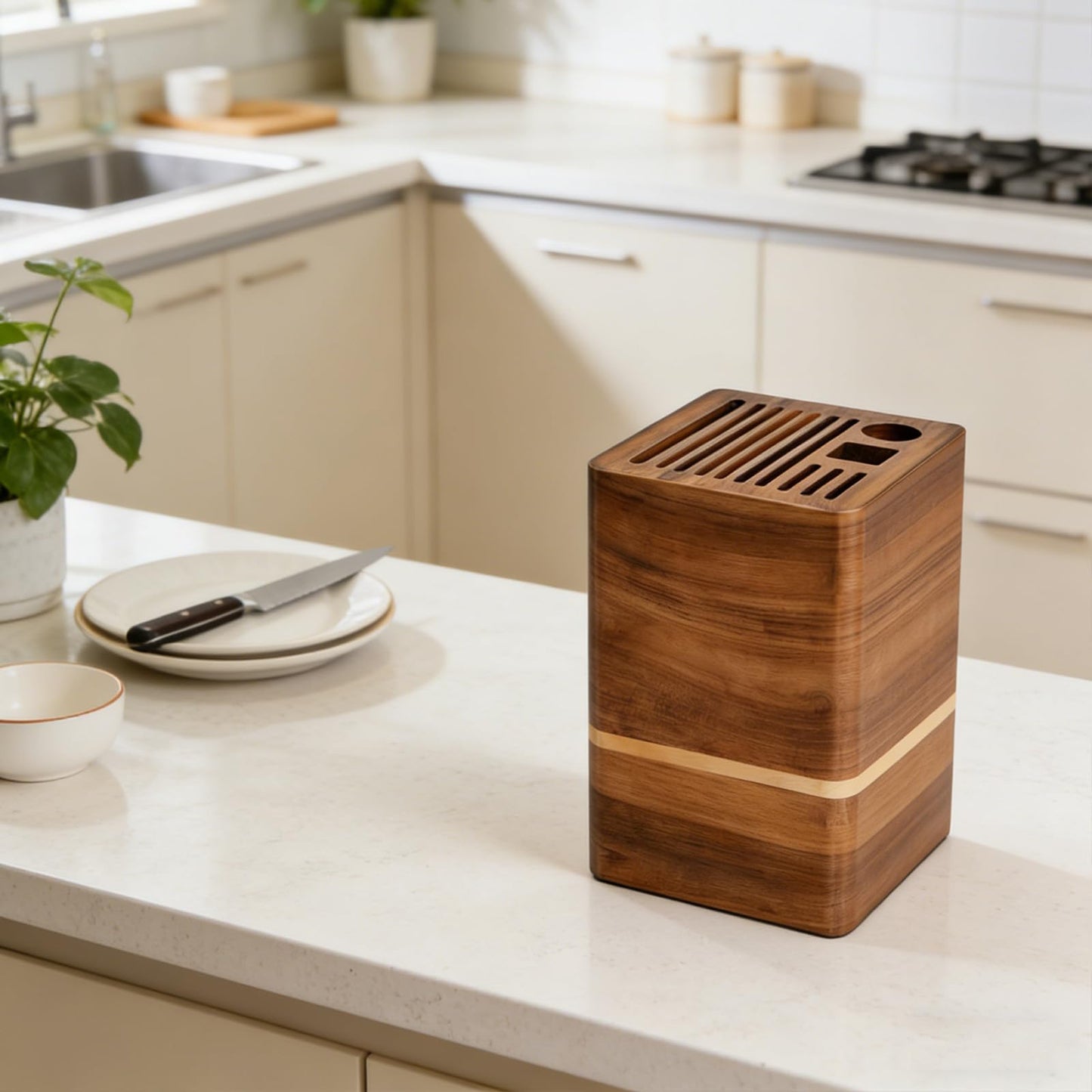 Acacia Wood Universal Knife Block, Countertop Knife Holder Organizer with Scissors & Sharpening Rod Slots, Space Saving Storage without Knives