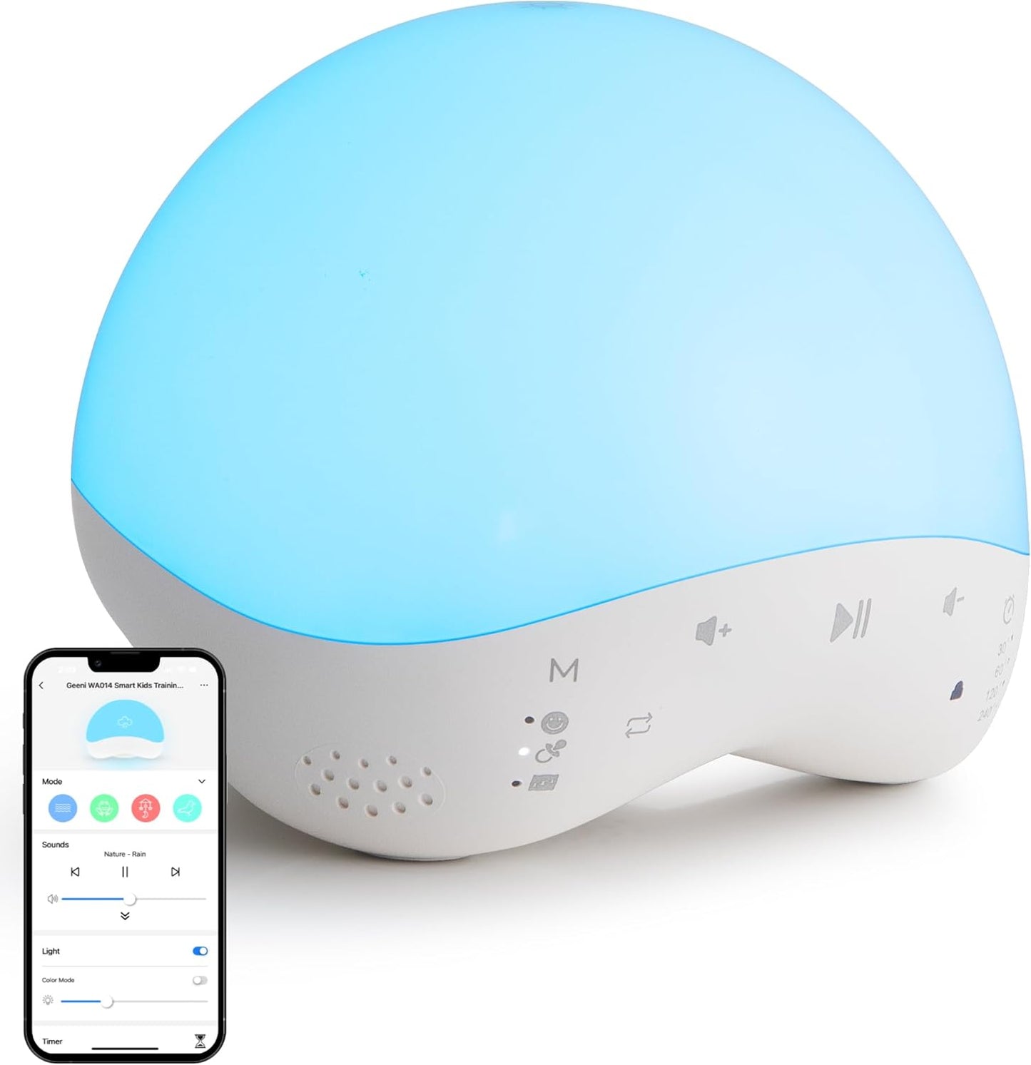 25 Geeni Rise and Shine Baby White Noise Machine with Night Light, Soothing Sounds, RGB Colors, Customizable Sleep
