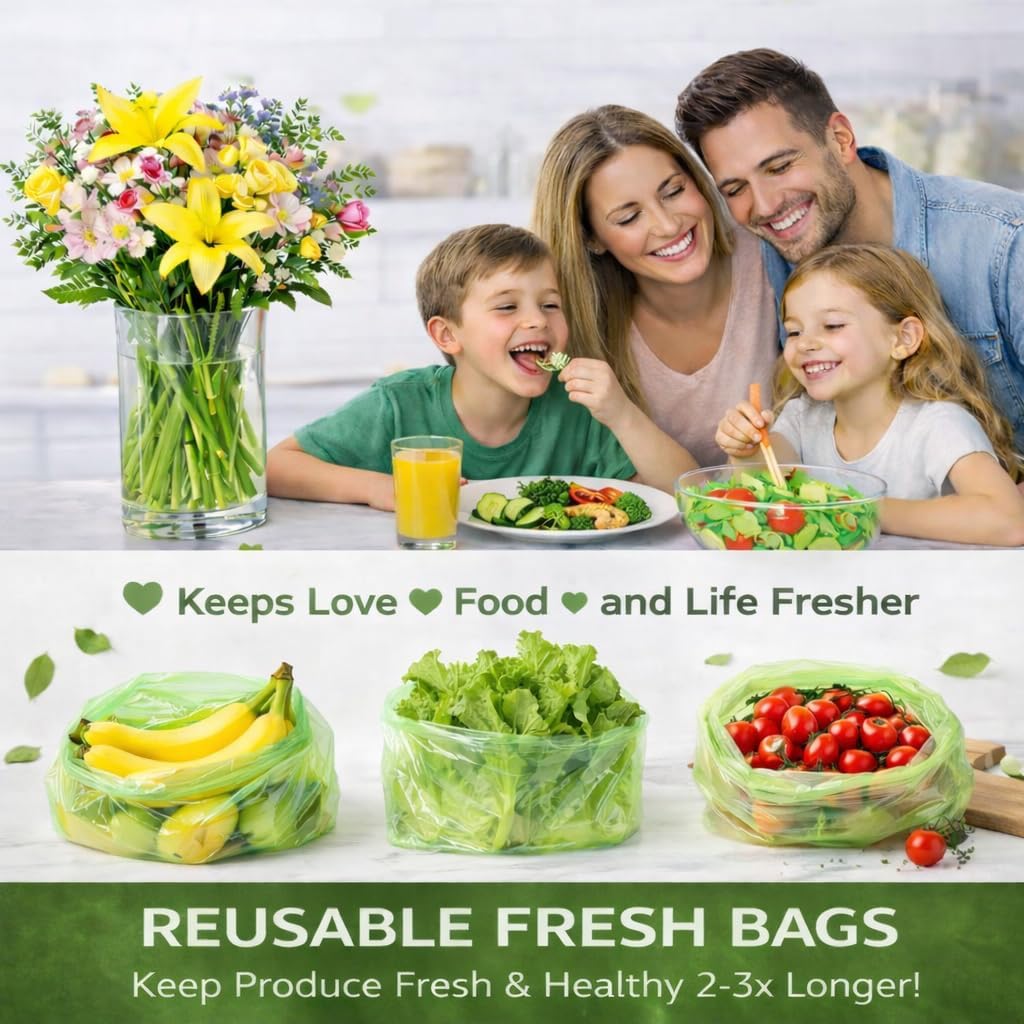 Reusable Produce Bags to Keep Fruit Fresh Longer, 40 Pack (20S, 20L) Vegetable Storage Bags for Refrigerator, Reusable Salad & Cut Flower Storage Bags, BPA Free