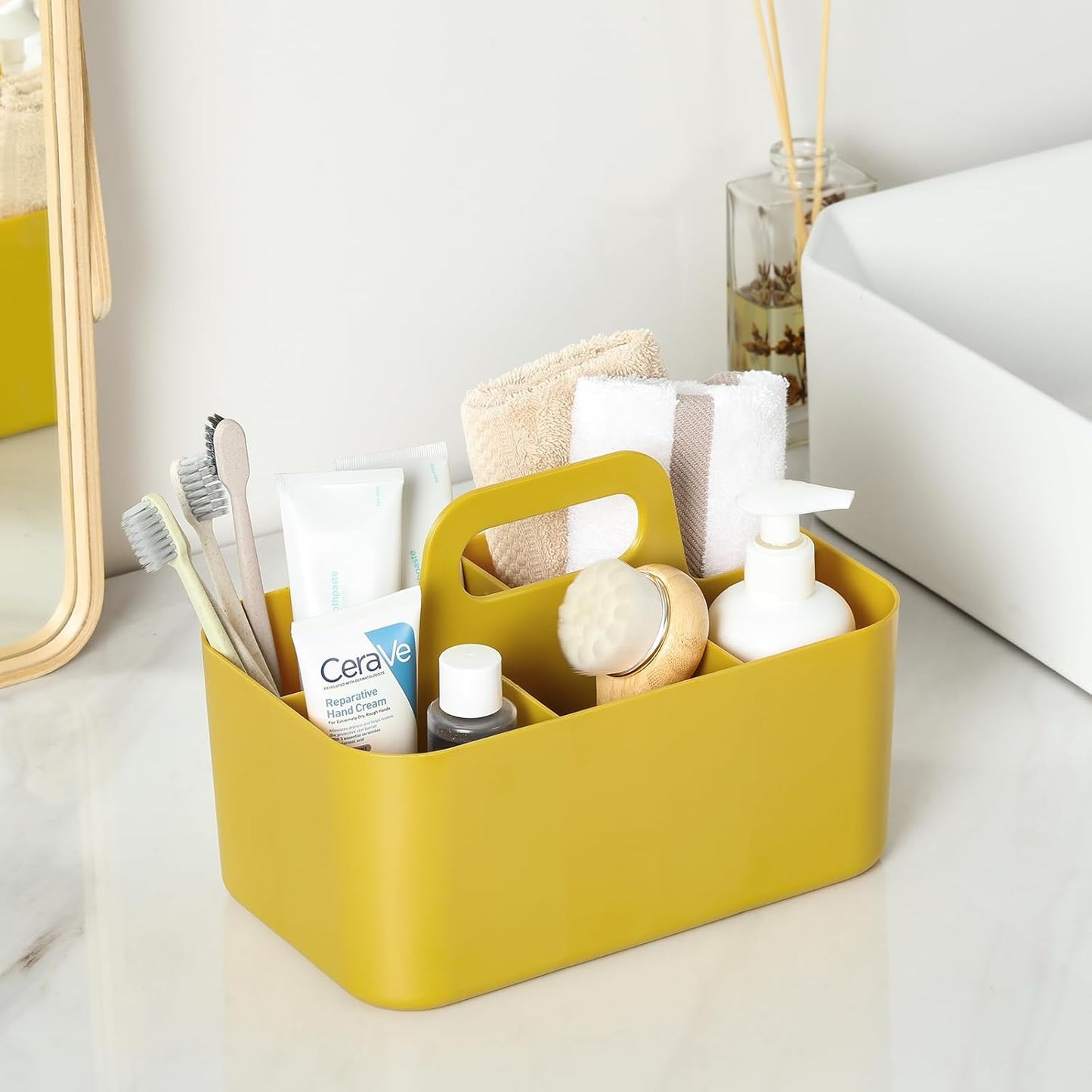 Multiuse Caddy Organizer with Handle - Stackable Yellow Plastic Bin Basket for Art, Craft, Makeup, Bathroom, Kitchen,