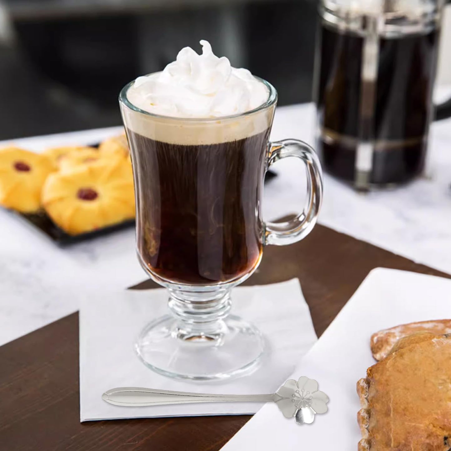 LECEHIVO 18 Pieces Irish Coffee Mugs Bulk with Handle 8.5 oz Clear Glass Mugs with Sakura Shaped Spoons for Espresso Cappuccino Ice Cream Tea for Wedding Graduation Party
