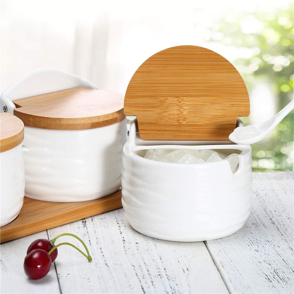 Set,Ceramic Home,8.8 oz 260ML June Sky Sugar and Cream Sugar Containers with Lid and Spoon - Porcelain White Salt