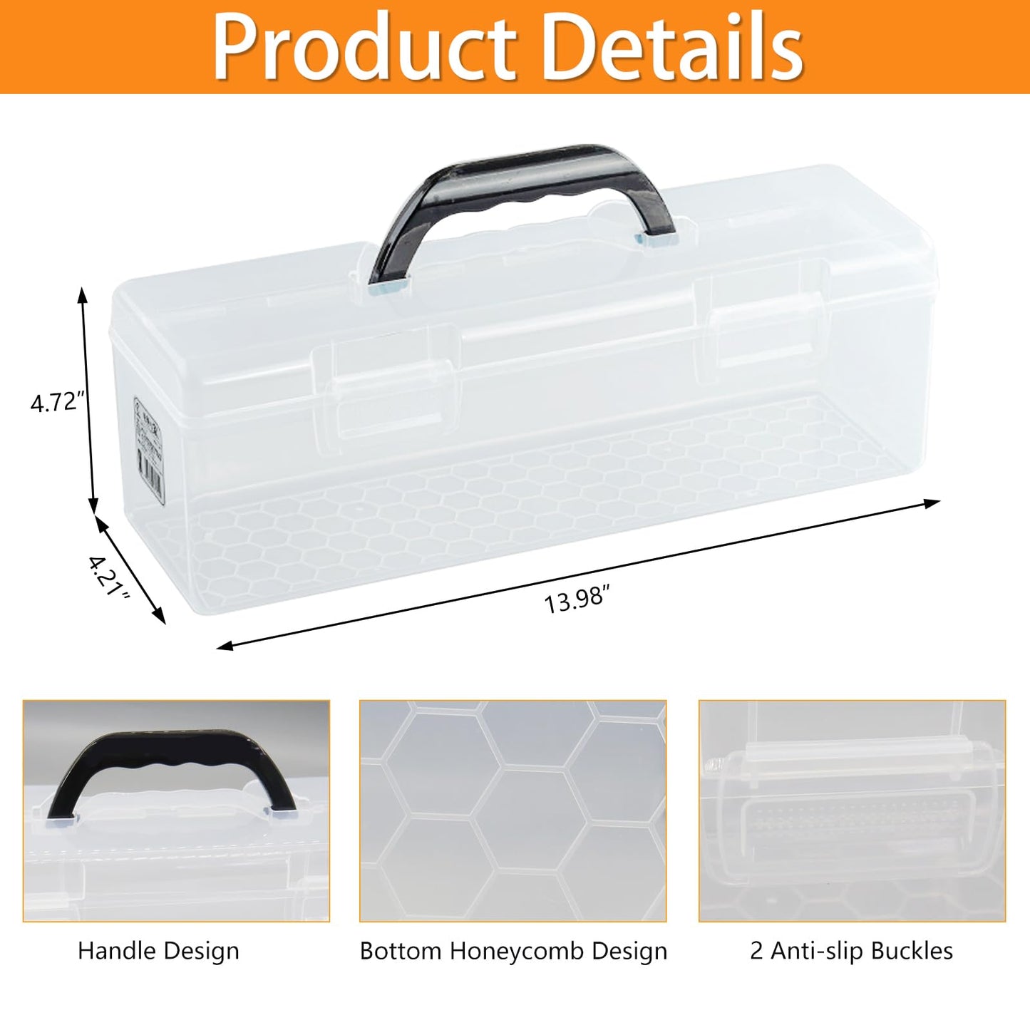 Flythww Plastic Storage Container with Lid, Clear Craft Tool Art Supply Sewing Organizer Box with Handle, Storage Bin for Paint Brush, Cards, Pencils, Crayon, Toys, Ribbons (L 13.98 x 4.21 x 4.72 in)
