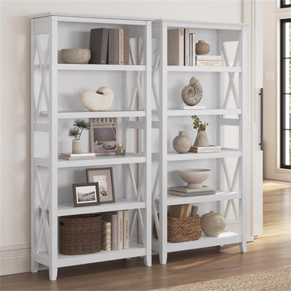 Bush Home Key West 5 Shelf Bookcase - Set of 2 | Tall Bookshelves in Pure White Oak | Sturdy Display Shelves for Library, Living Room, and Home Office
