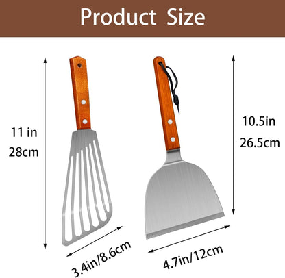 Metal Spatulas Set, Stainless Steel Fish Turner for Cooking, BBQ Grill Griddle Spatula with Wood Handle